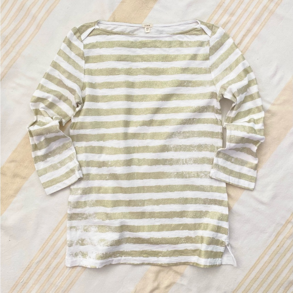 J. Crew🌟Gold Shimmer Boatneck Distressed Gold Print Striping 100%Cotton UNWORN
